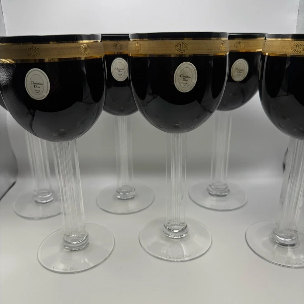 6 Vintage Christian Dior Ebony Gold Wine Crystal Stemware Japan